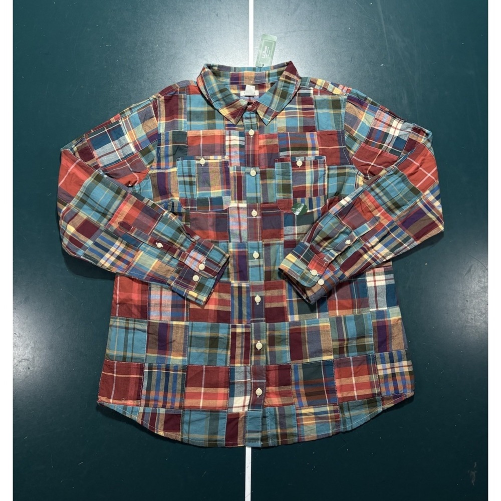 LL Bean Flannel Shirt Women's Medium Madras Multicolor Patchwork Plaid Brand New